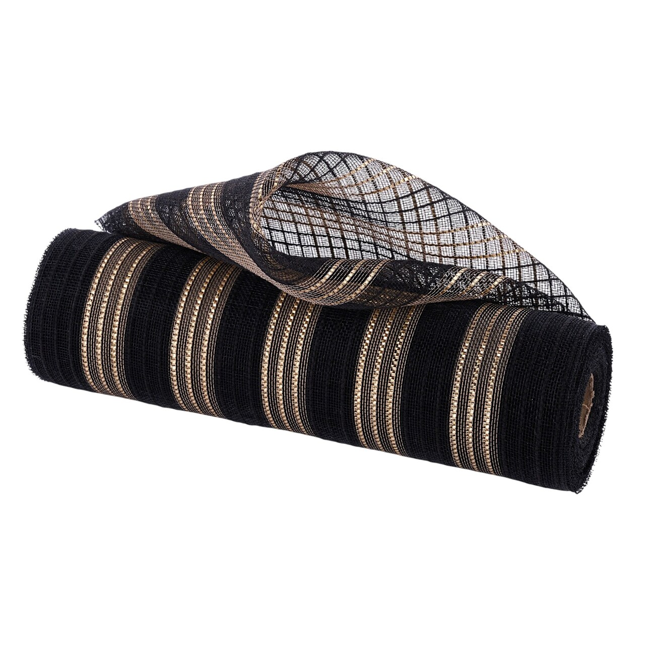 Deco Poly Mesh Black Faux Jute with Matte Gold Metallic Stripes, 10.5" for Wreaths, Bows, Crafts, and Decorations